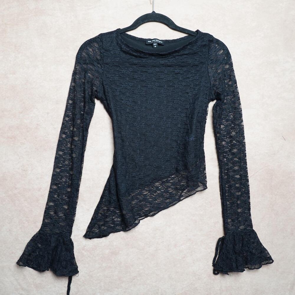 See You Monday Lace Asymmetrical Top Black M Y2K
